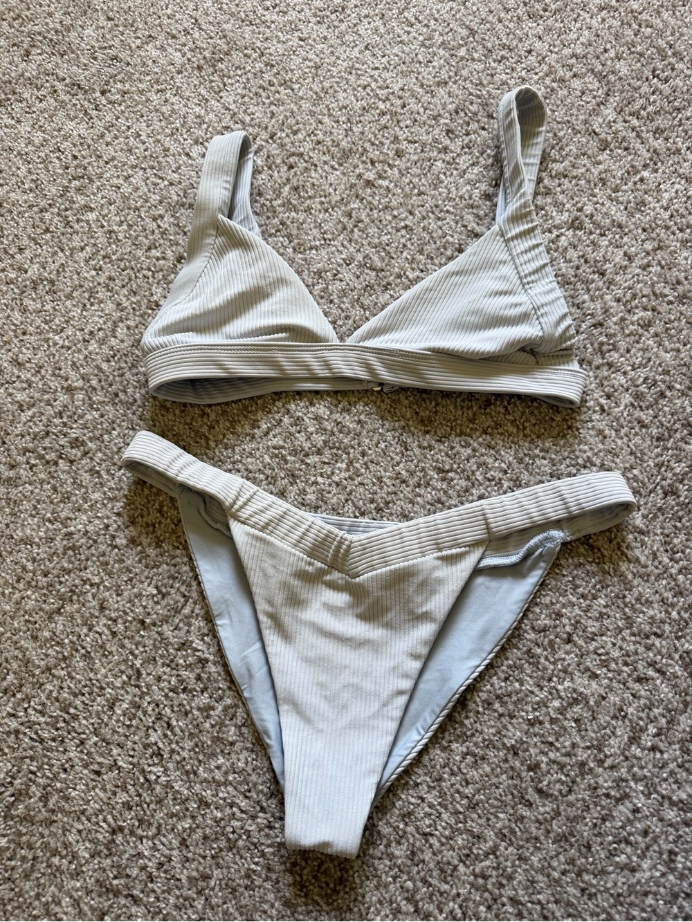 Frankie's Bikinis Ribbed Triangle Set in Light Gray Blue
